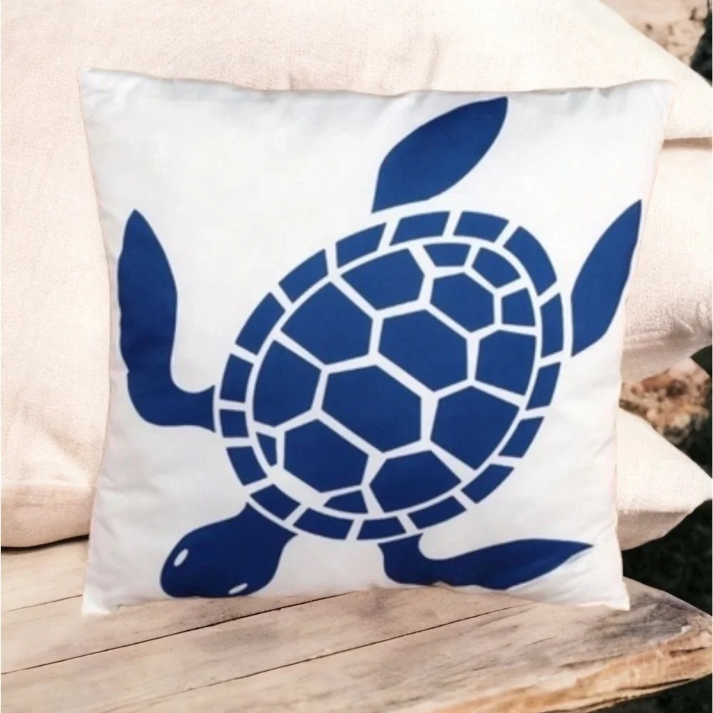 Coastal Pillow Cover Sea Turtle Nautical Graphic Beach 17.75” Square Blue White